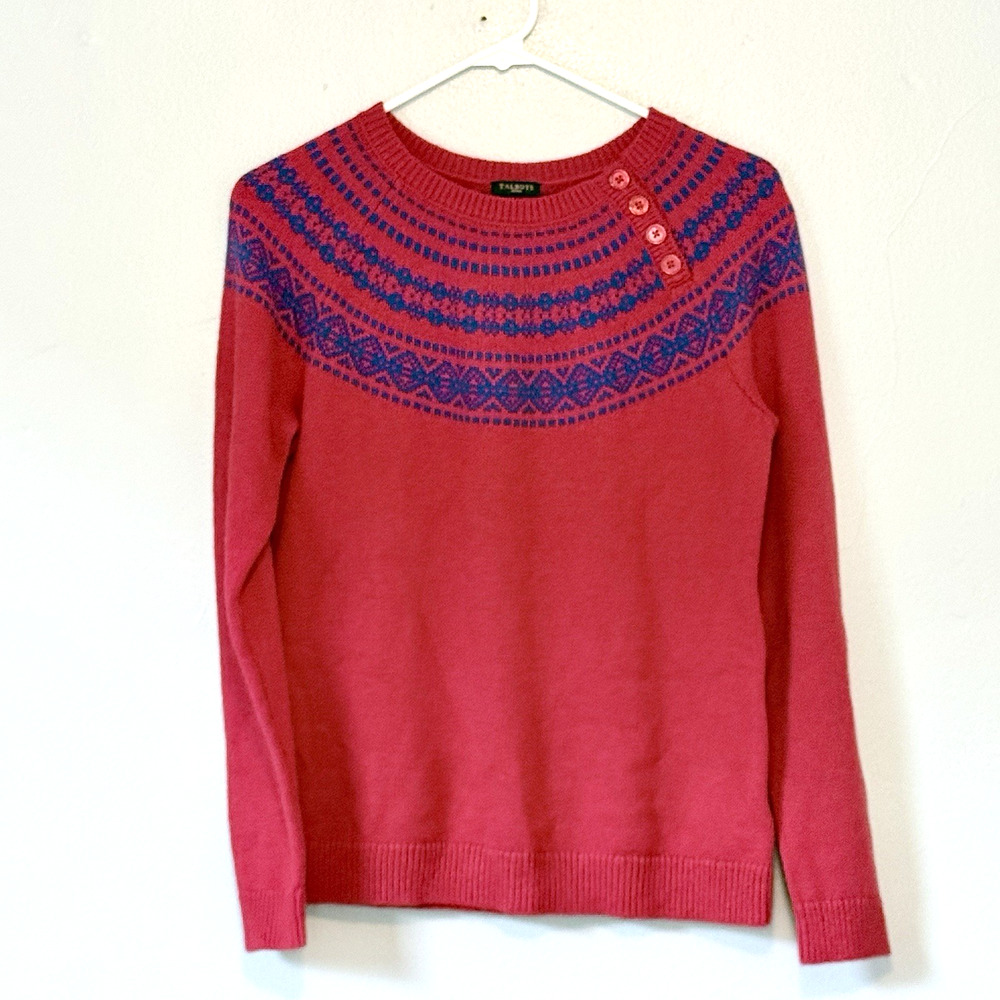 Talbots Sweater Size Medium Petite Red Blue Fair Isle Christmas Holiday Cozy NEW